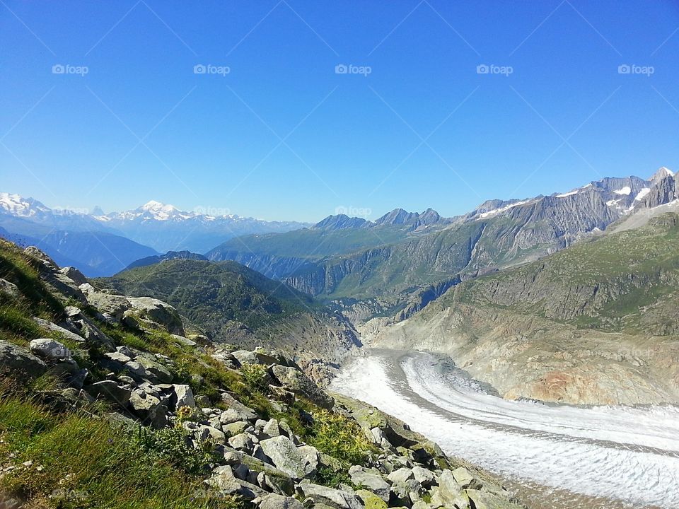 Astonishing view from the top of the great Aletsch glacier in the Swiss Alps.