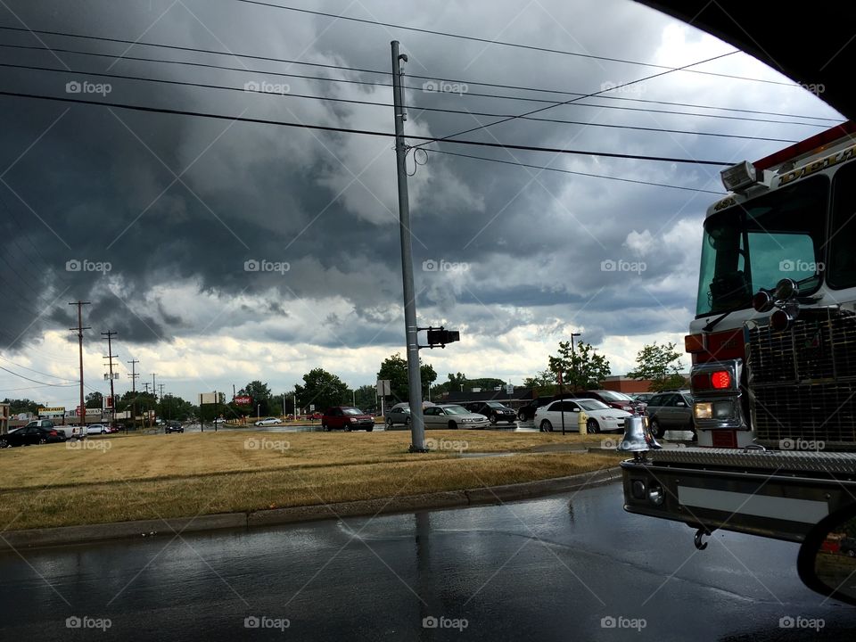 Fire truck in storm