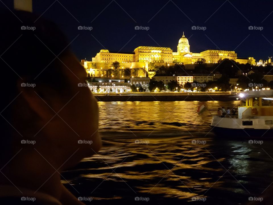 el Parlamento de Budapest iluminado visto desde el río, hermoso momento