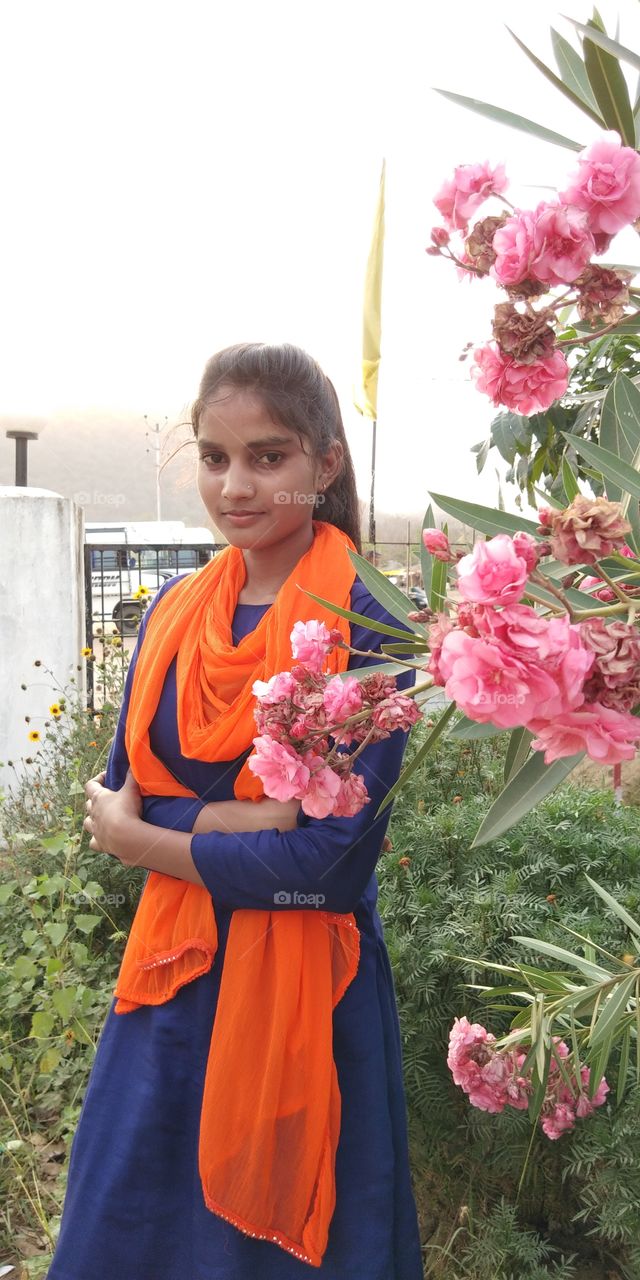 indian village girl, blue orange girl dress, suit salwar, cute girl with flower, fancy dress, indian fashion, indian tradition