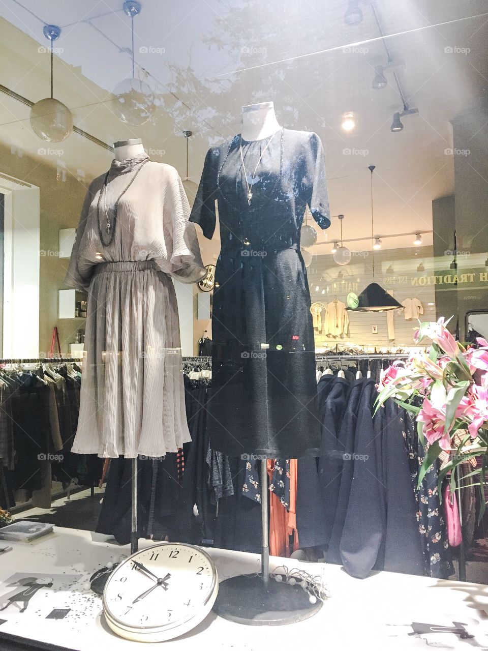 two dresses window display