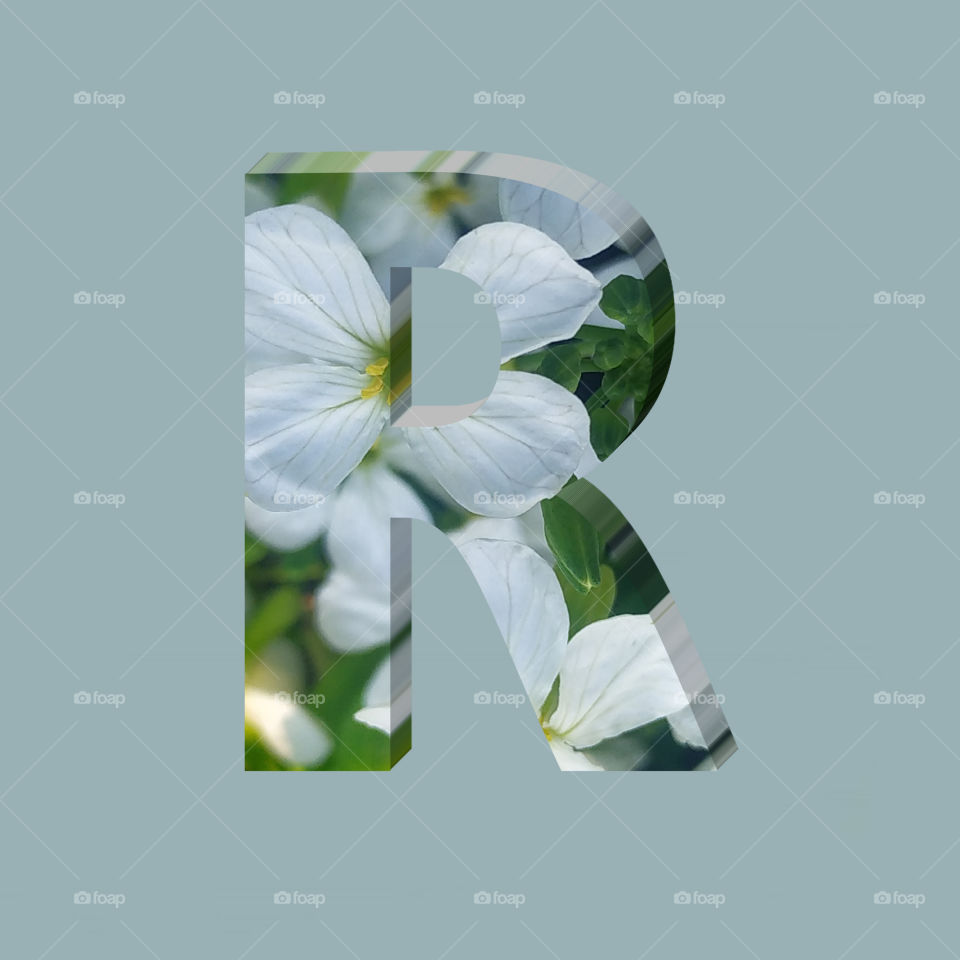 R alphabet 3d rendering of vertical white flowers alphabet