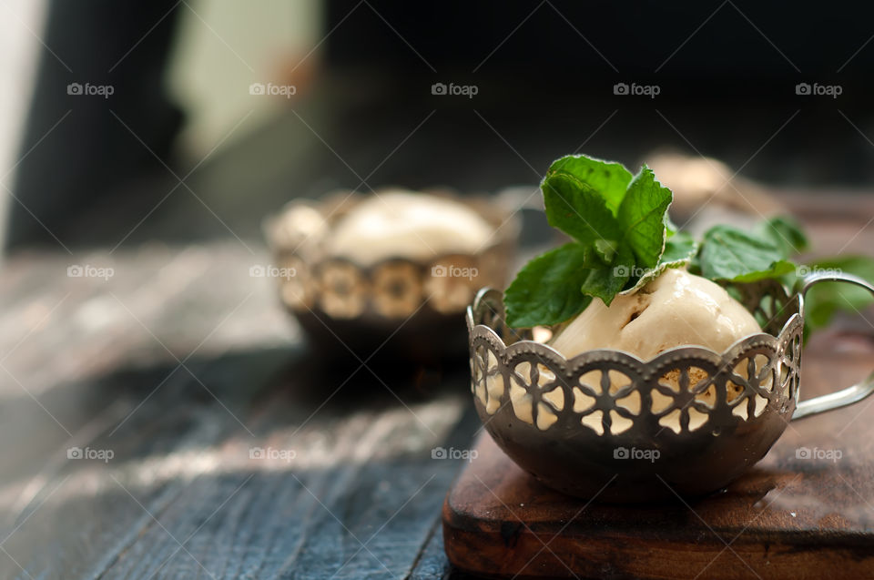 Green mint on a ice cream