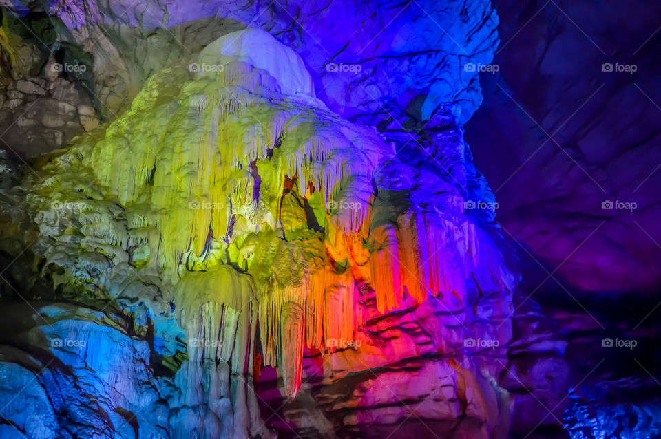 Inside view of Borra Caves formed by solidified stalactites and stalagmites in the karstic limestones formation located in the Araku Valley of the Ananthagiri hill range of the Visakhapatnam district in Andhra Pradesh india captured in dark condition