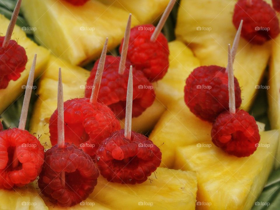 Fresh Pineapple And Raspberry Fruit Snacks. Fruit Appetizers