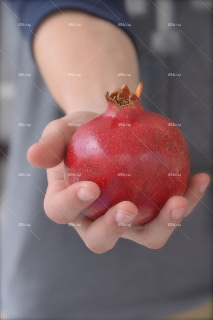 Exotic pomegranate in hand outstretched