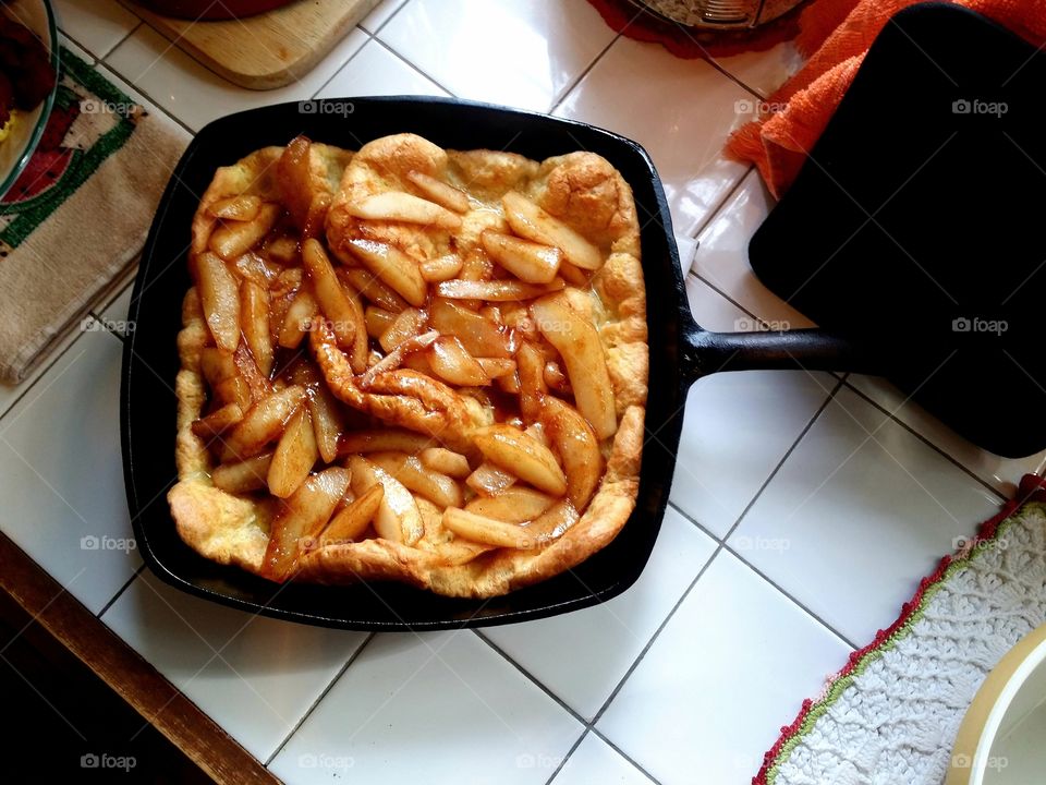 Dutch Baby Pancake with Pear & Caramel Sauce from above