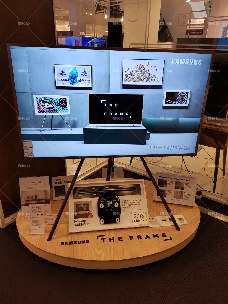 Samsung The Frame 4K UHD television installation on studio stand easel at Peter Jones Sloane square Chelsea King's road London