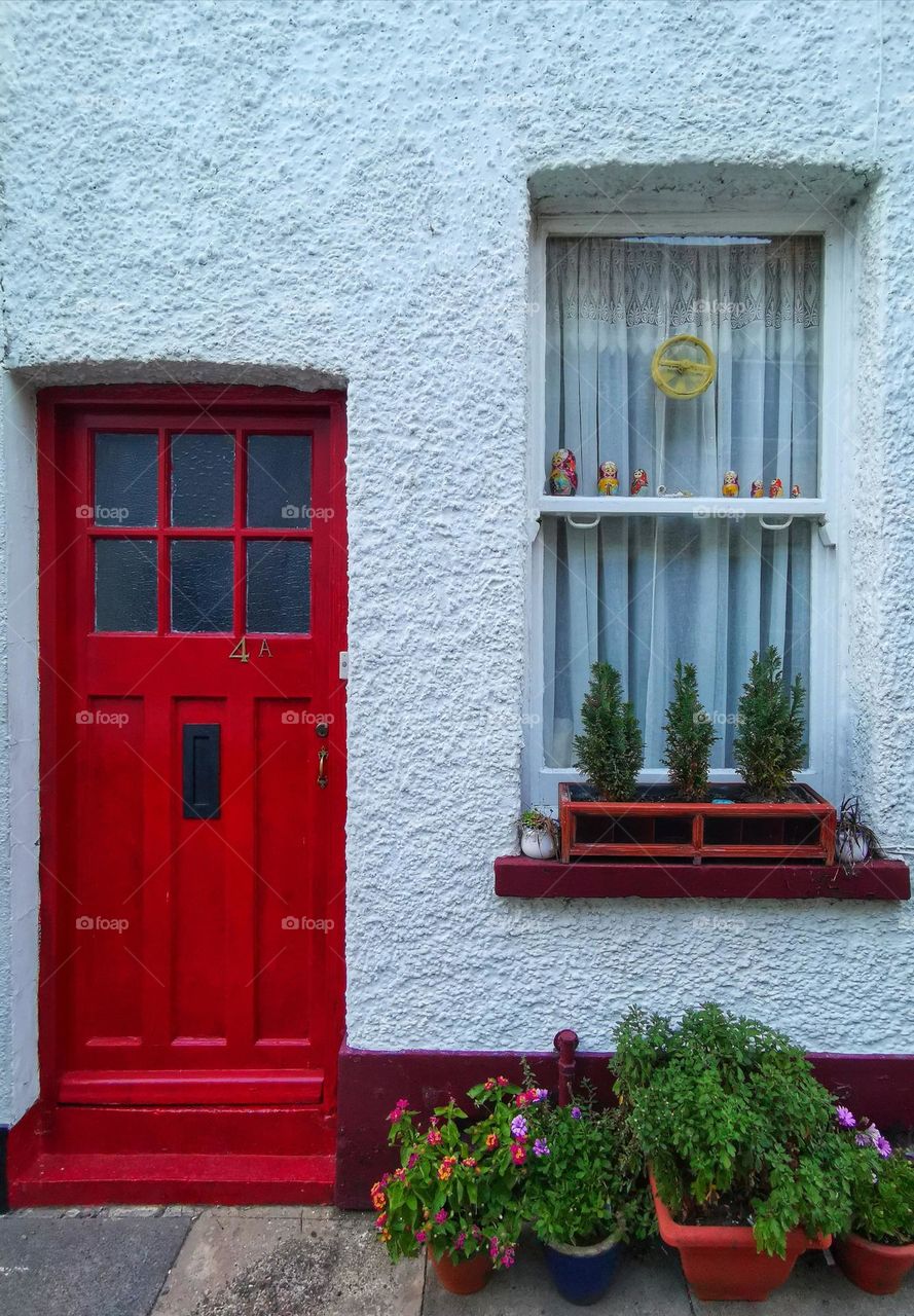 Red door and window.