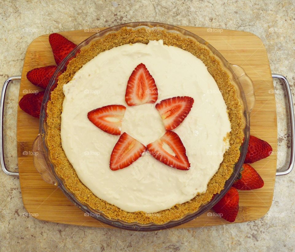 Lemon Cream Cheese Pie topped with Strawberries