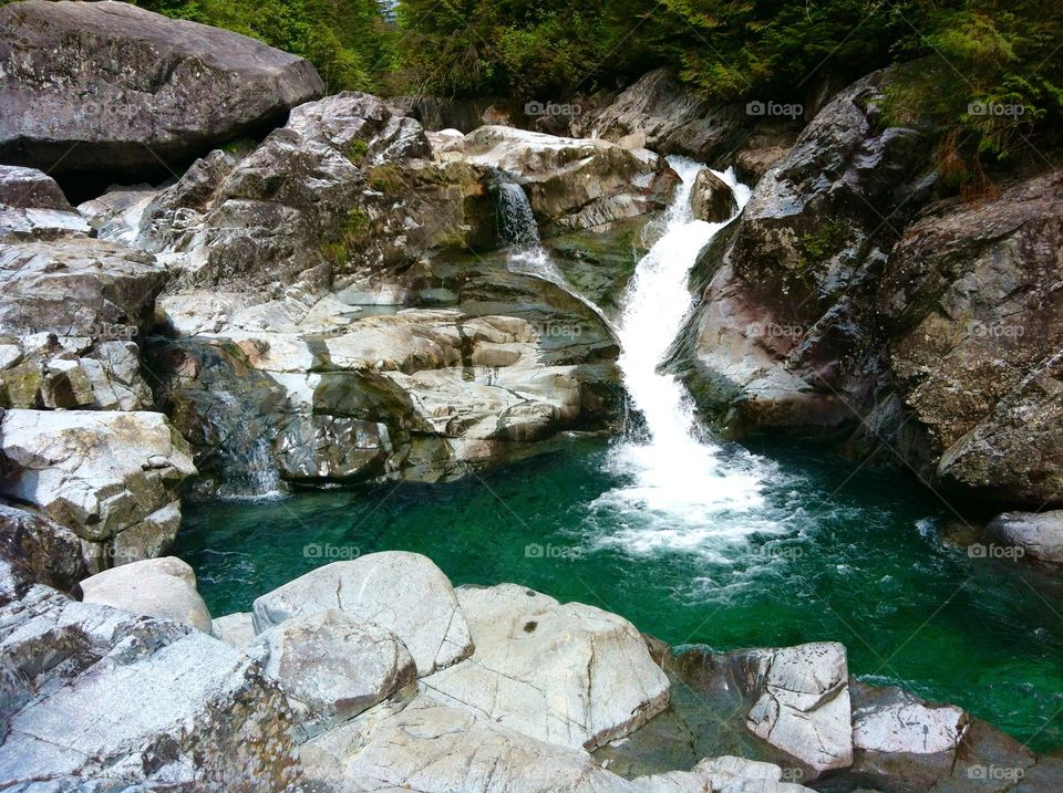 Beautiful waterfall with emerald green glacial waters