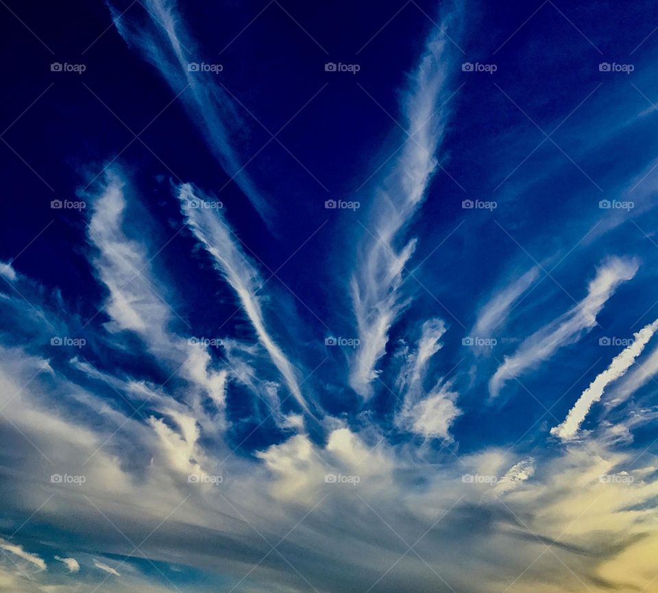 Feathered high clouds stretched out in a brilliant indigo blue sky 