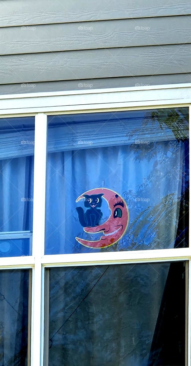 cute retro style black cat on moon Halloween decoration on a window in Oregon suburbs