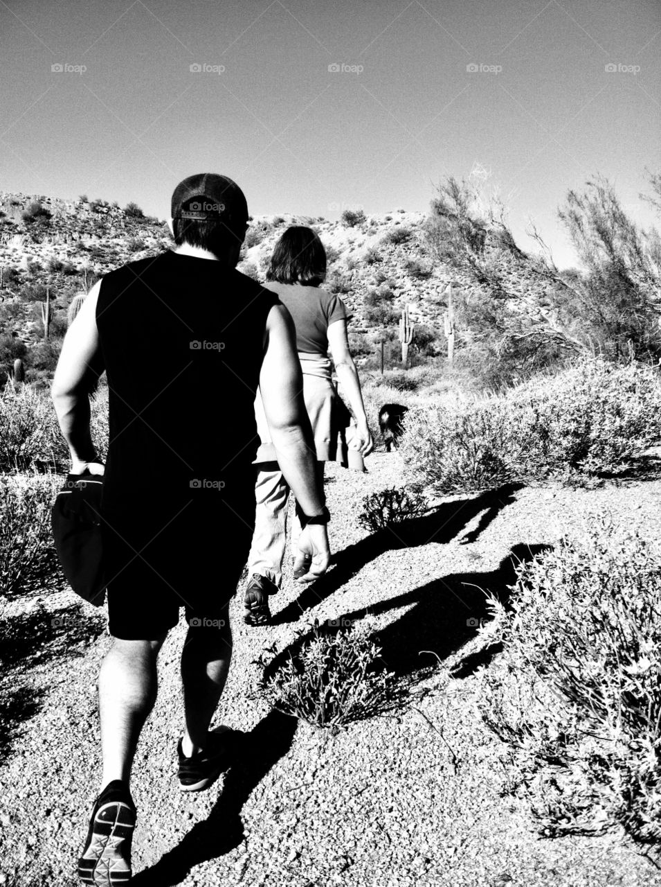 Rear view of people waking on trail