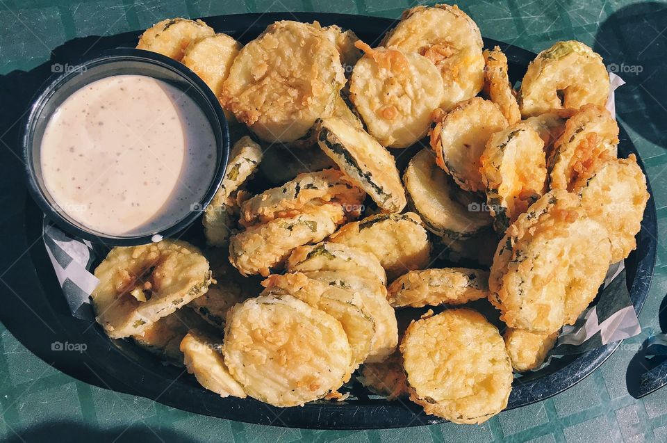 Fried Pickle Chips Appetizer with Ancho Ranch Dipping Sauce