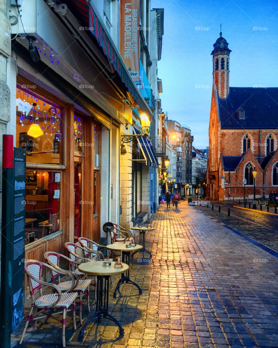 Street view of the old center of downtown Brussel at the dawn of day