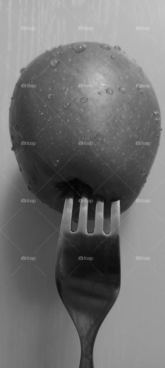 fork, apple, apple on a fork, drops of water, ailka pierced an apple, black and white photo