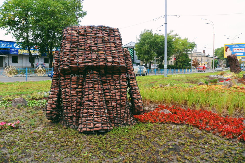 Moai, stone statues in Victory Park, in Kiev, Ukraine