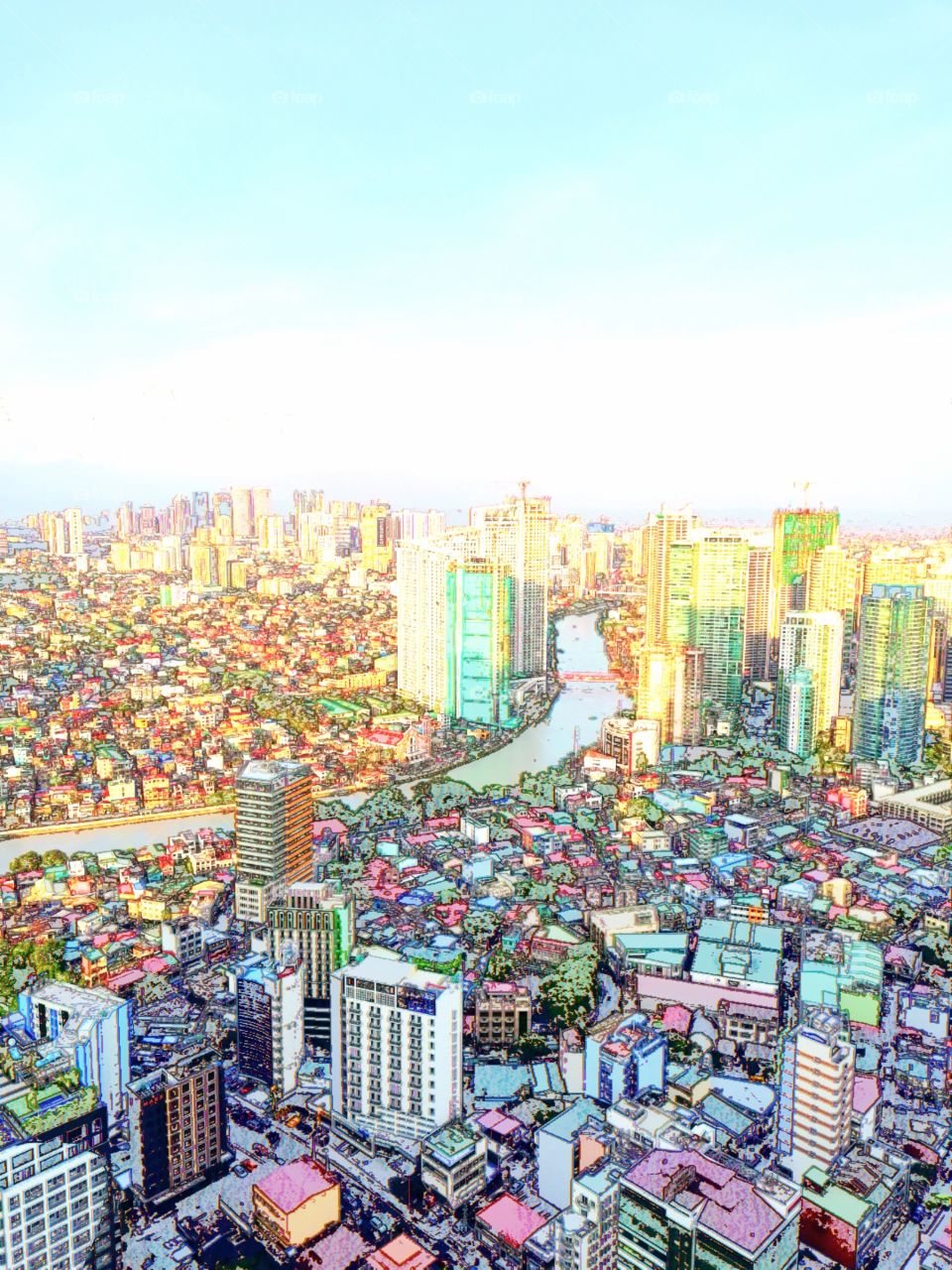 Drawing of Manila Skyline with famous Pasig River meandering through Metro Manila, Luzon, Island of Philippines