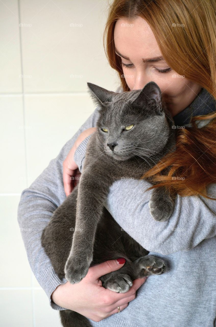 russian blue cat and girl, love pet