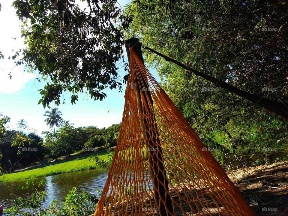 A pond seen from a swinging hammock