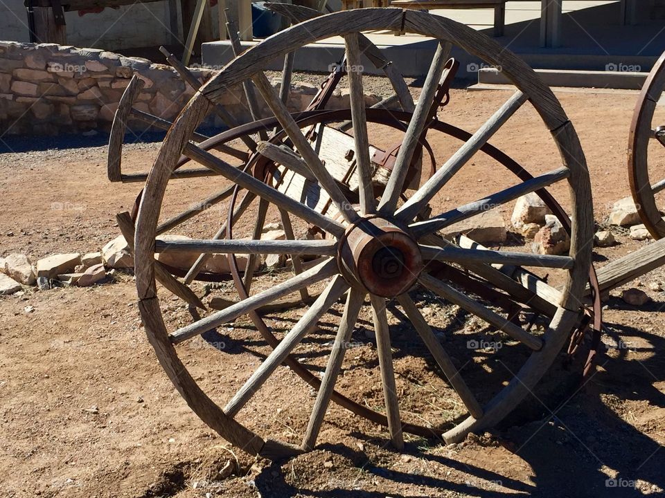Old wooden wagon wheels