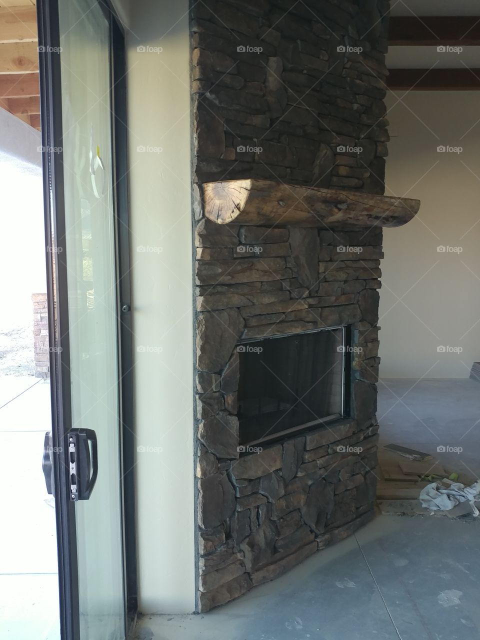 faux stone stack fireplace