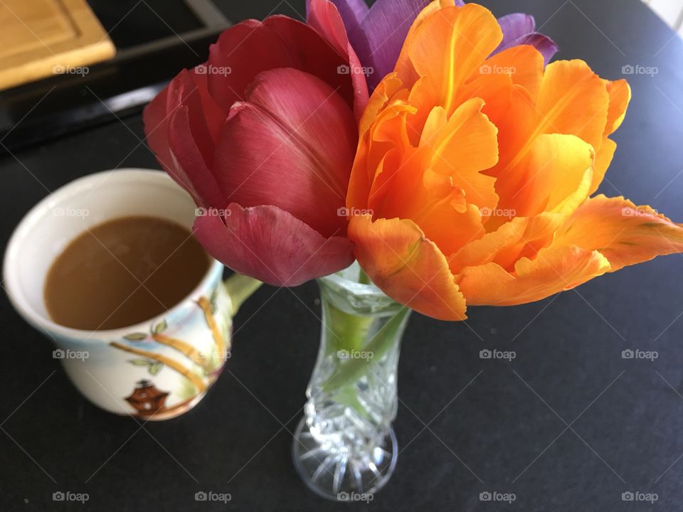 Coffee break mug of tranquil coffee next to flowers on kitchen counter 