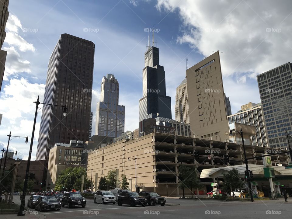 Modern skyscrapers in downtown Chicago, including the famous Willis (Sears) Tower