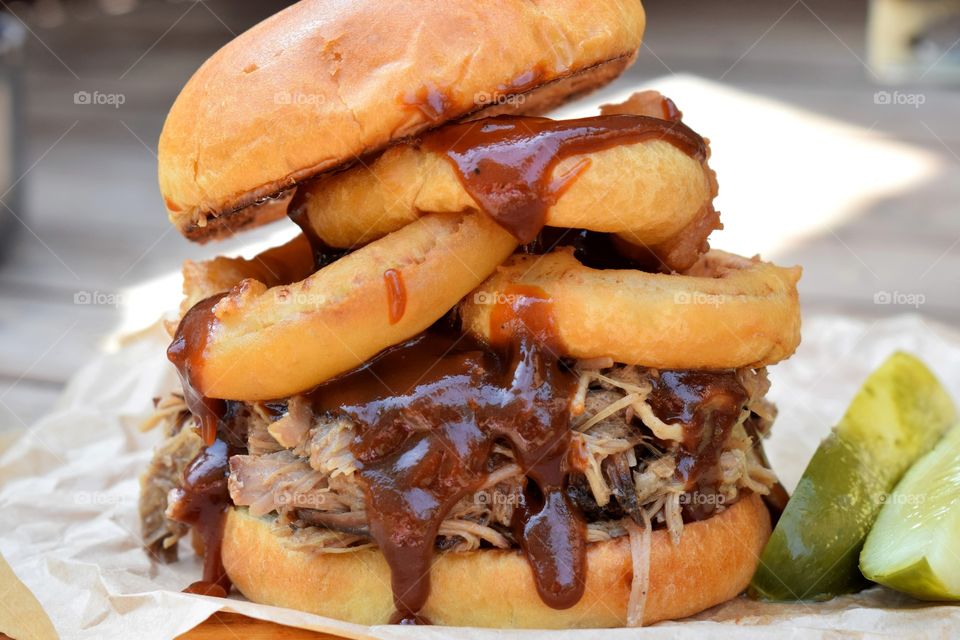BBQ Pork and Beer battered Onion Rings Sandwich