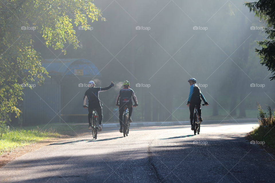 Cyclists ride on the road in the rays of the rising sun.