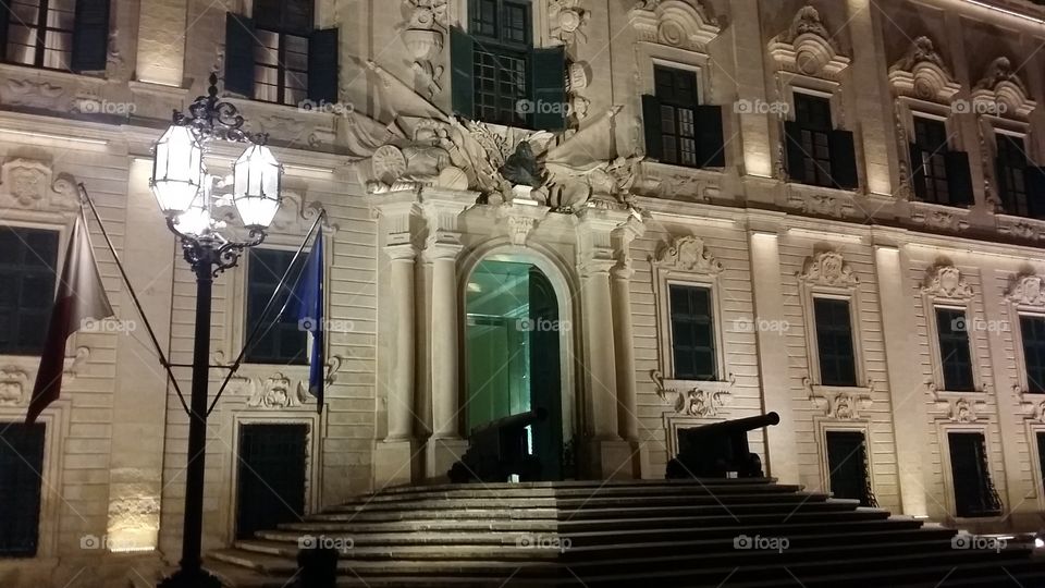 landmark building in valletta by night