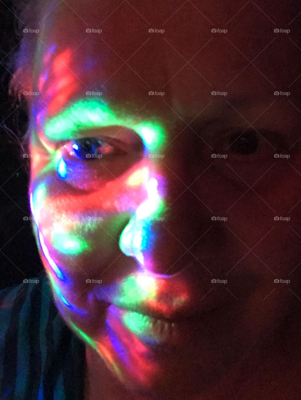 Colourful selfie. Experimenting with my kaleidoscope Christmas lights. 