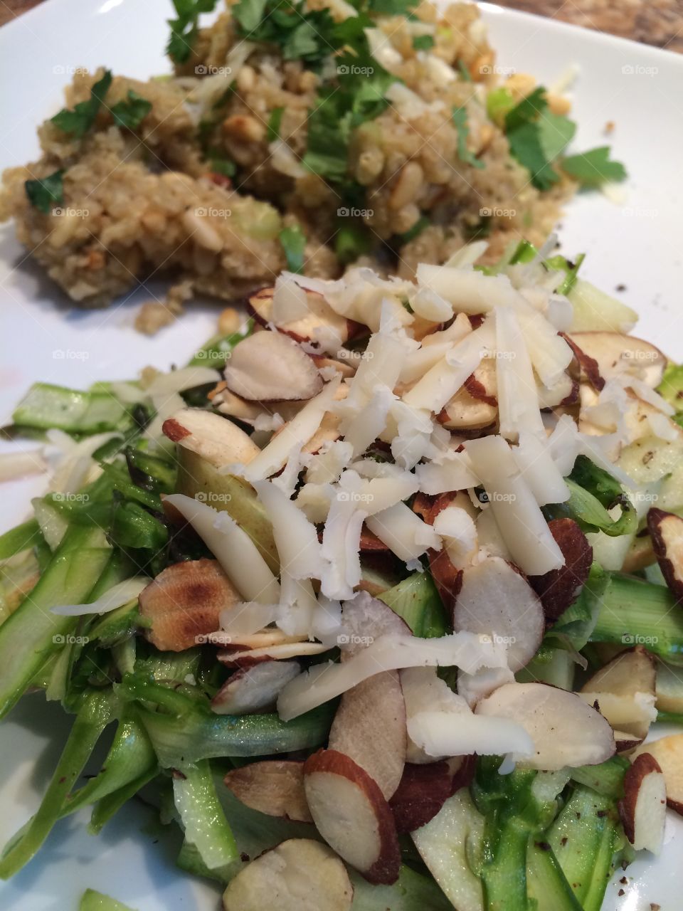 Healthy eating . Healthy meal - quinoa, shaved asparagus salad, almonds