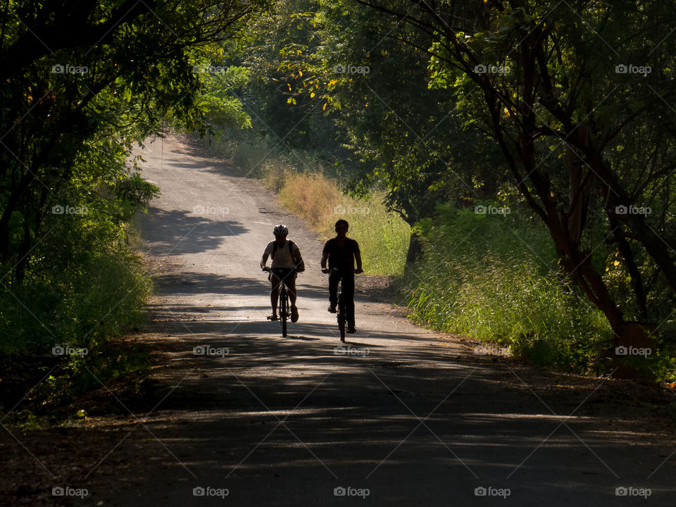 Two people's riding bicycle on street