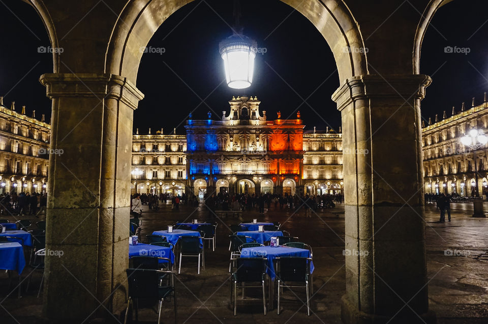 The Plaza Mayor in Salamanca, Spain lit up in the colors of France’s flag to show support after the Paris Attacks