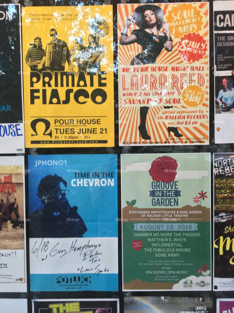 Posters for upcoming shows at a local music venue, Raleigh North Carolina
