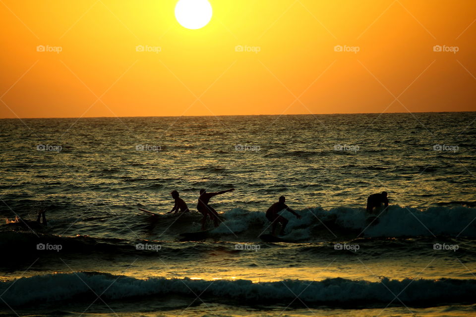 surfing at golden hour. people surfing at sunset