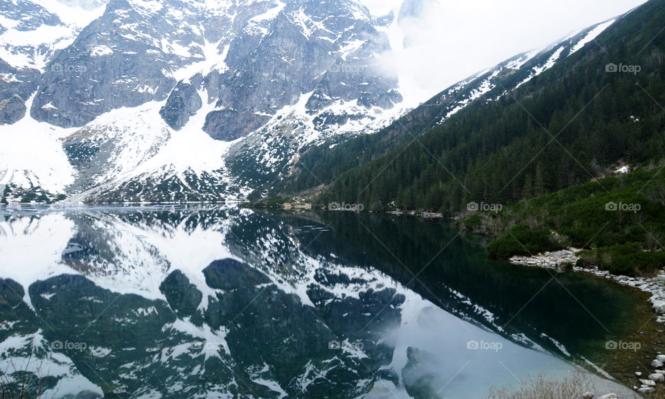 Reflection of snowy mountains on lake