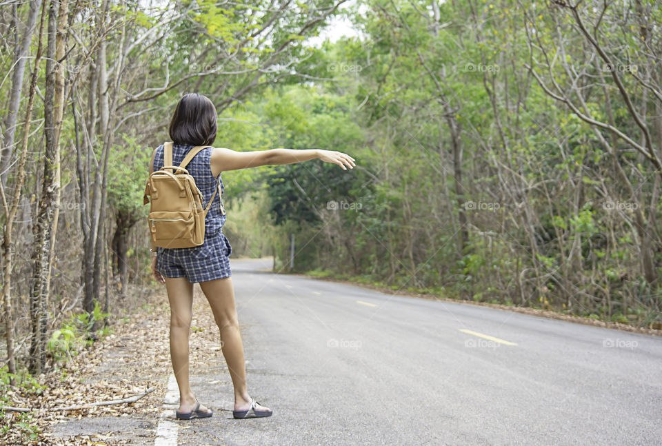 Women raise their arm waving car on the road with the tree cover.