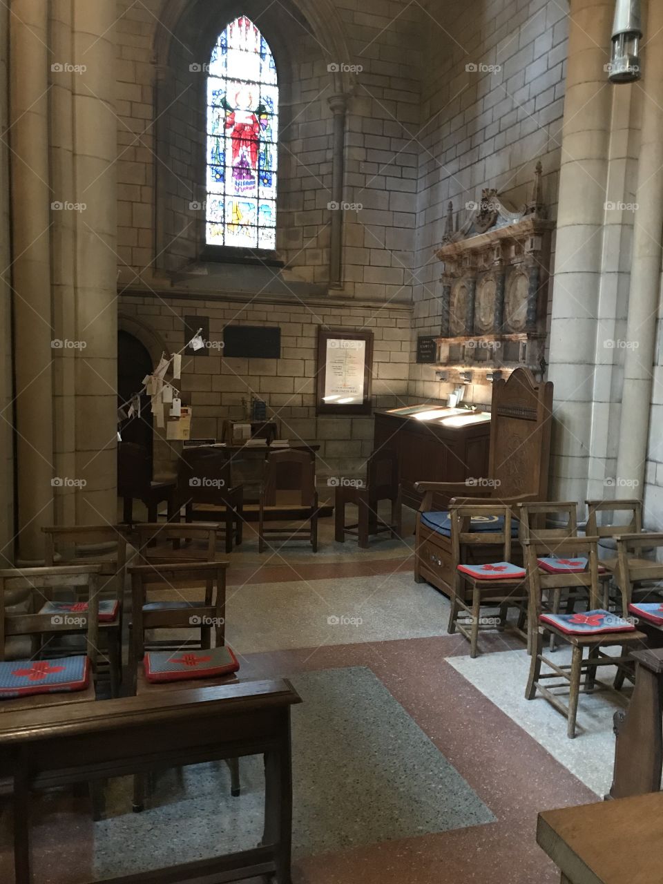 A delightful area for private prayer or reflection with its own small but gracious stained glass window at Truro Cathedral.
