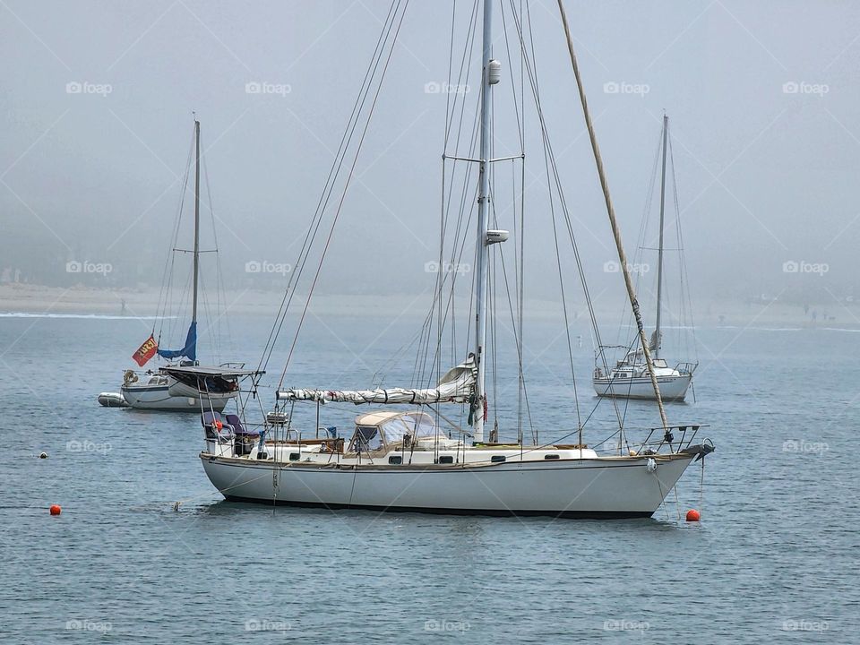 A sleek sailboat is anchored just off the coast near Santa Barbara California