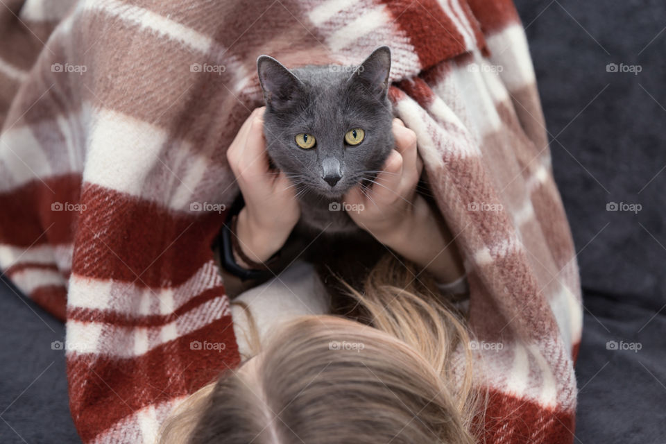 cat and girl at home