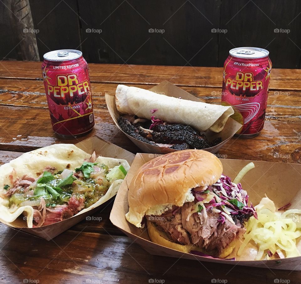 Valentina’s Tex Mex BBQ in Austin, Texas. Smoked Carnitas Tacos with cilantro tomatillo habanero salsa, Brisket Tacos & Pulled Pork sandwich with tangy coleslaw. Did you know Dr. Pepper was created in Waco, TX? Dr. Pepper and BBQ = a perfect match. 
