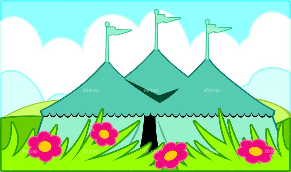 cartoon circus tent in Meadow with flowers