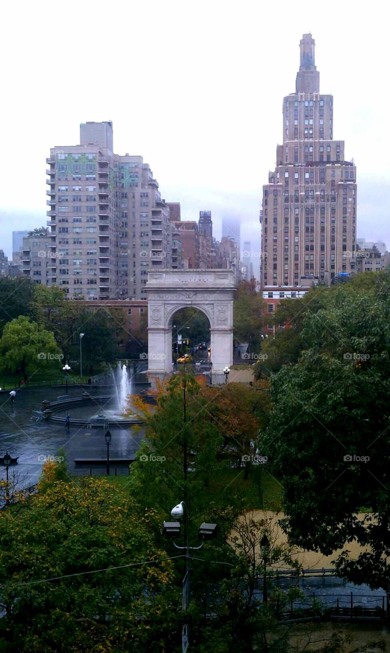 View of Washington Square Park. I was attending lectures at NYU during CMJ, an annual music marathon and shot this on a wet, fall day