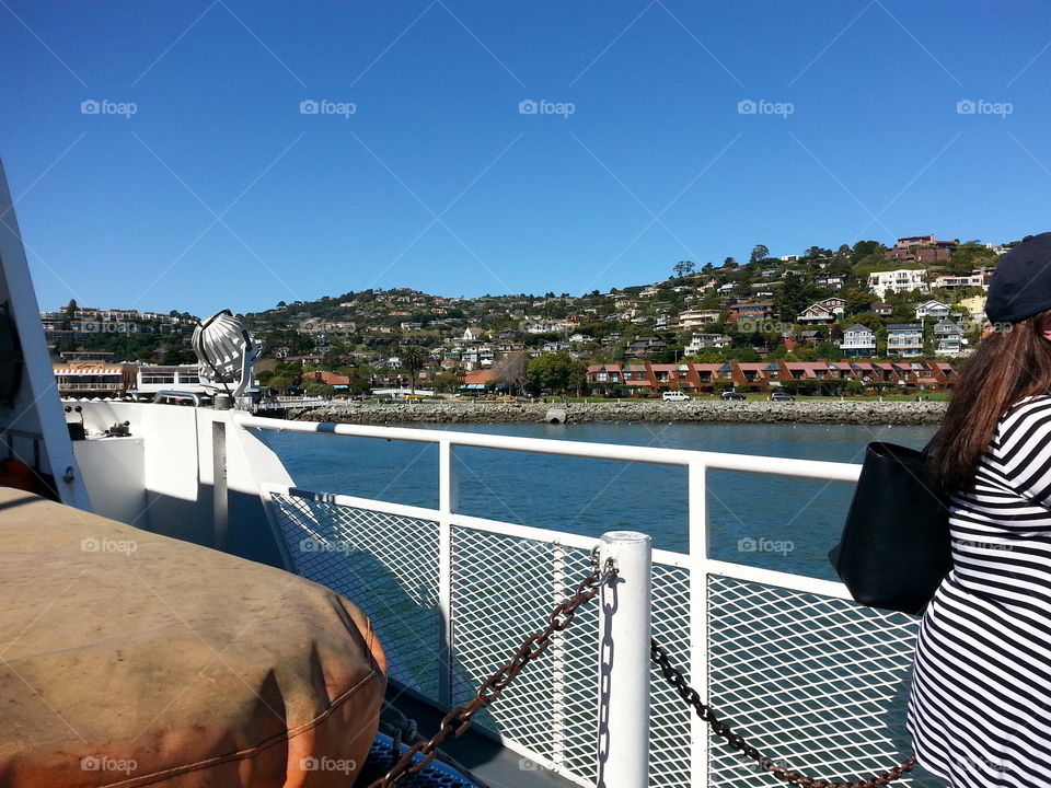 Tiburon to San Fran via Ferry. It's a commuter ferry. Stunning scenery. Far cry from the Chicago metra!