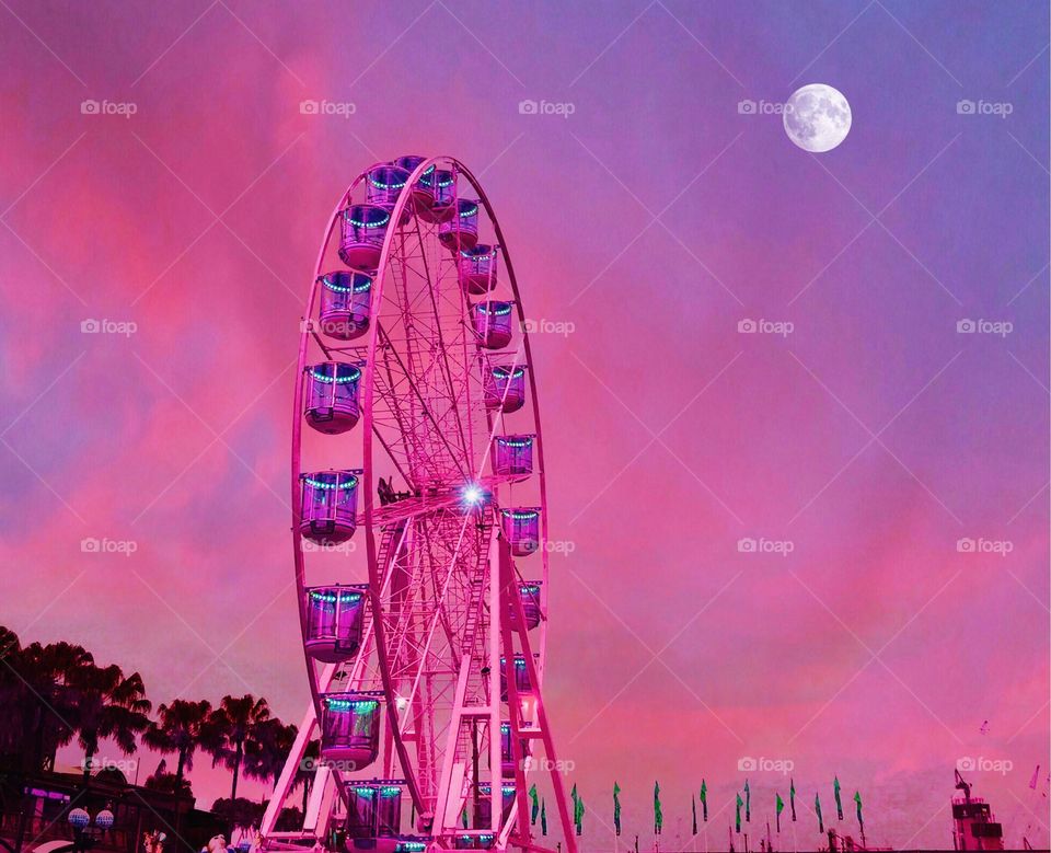 Ferris wheel, Pink Sky and the moon 