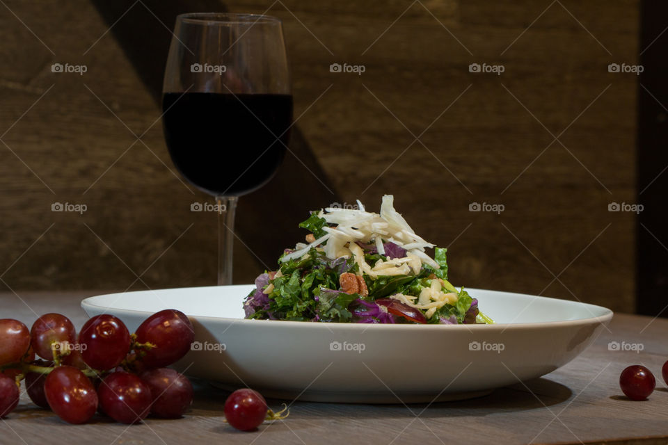 Salad With Glass of Red Wine