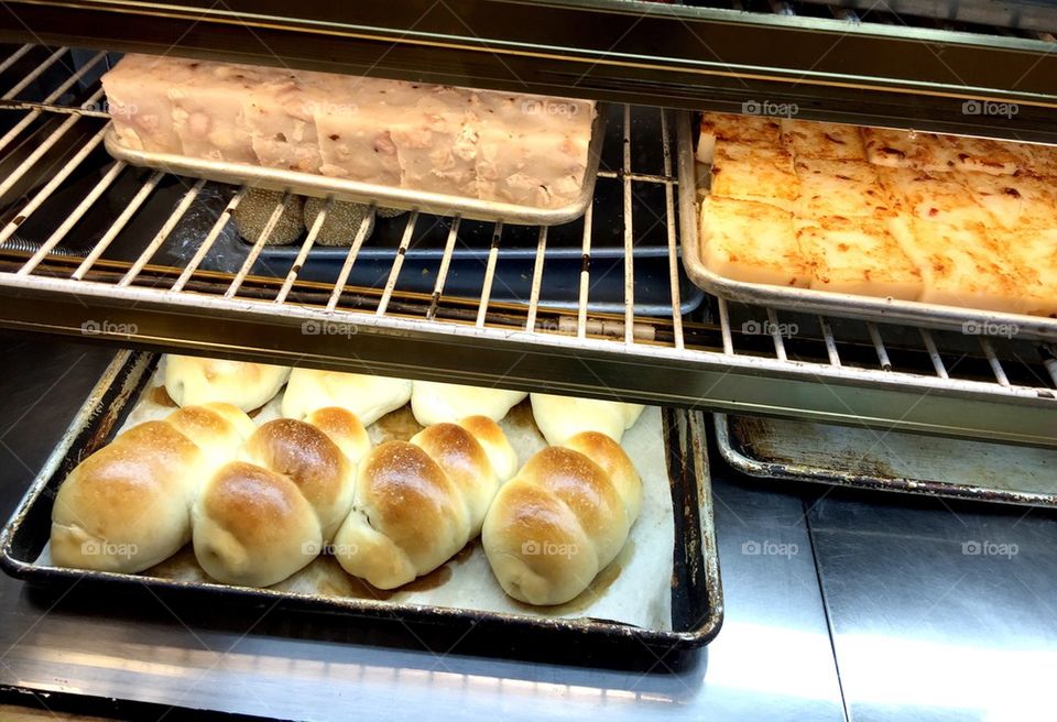 Savory pastries in a Chinese bakery
